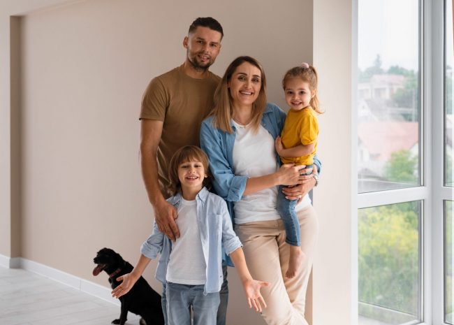 Homeowners3 Family of four with dog by window illustrates blog "How Much Home Insurance Do I Need?"