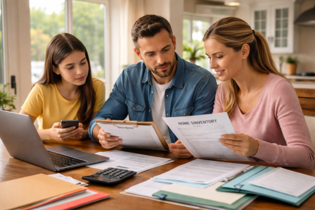 Family using a family safety checklist to organize insurance documents at home