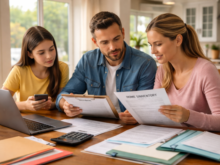 Family organizing paperwork at the table Family using a family safety checklist to organize insurance documents at home