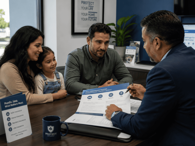 fornia family reviewing how to bundle insurance policies with an agent