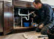 Plumber inspecting leaking pipes for homeowners insurance water damage coverage in a California home.