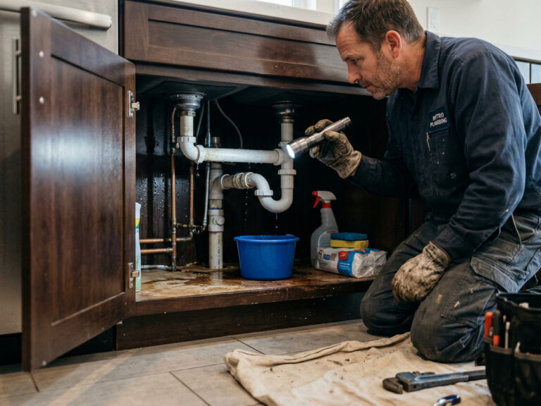 Plumber inspecting leaking pipes for homeowners insurance water damage coverage in a California home.