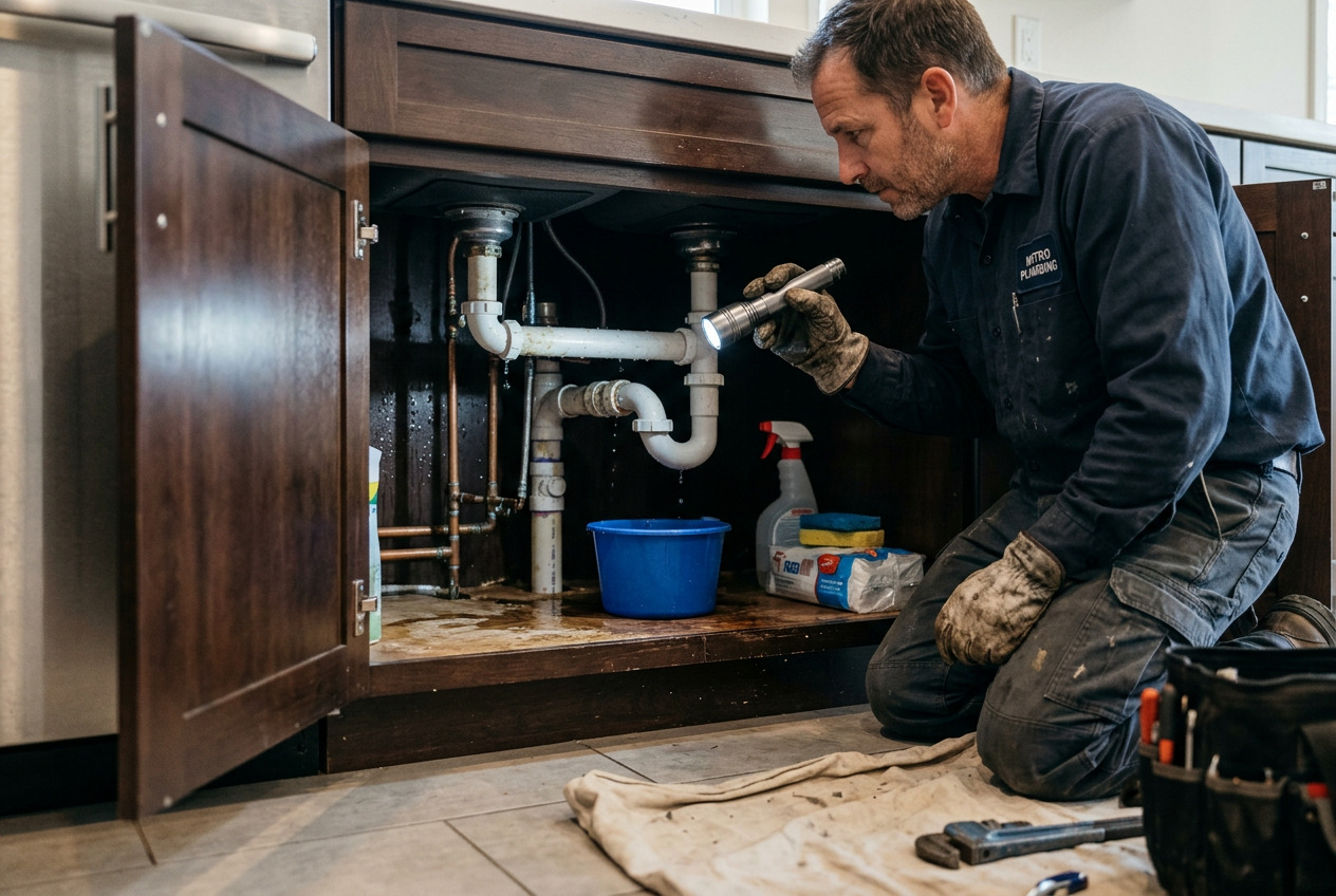 Plumber inspecting leaking pipes for homeowners insurance water damage coverage in a California home.